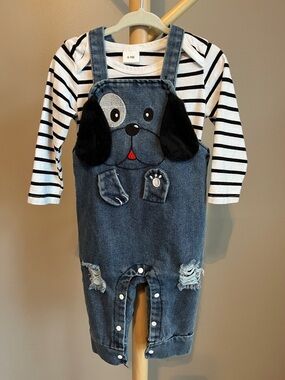 ⭐️⭐️ PICK 5 / $20 Striped Long-Sleeve Top with Blue Dog Denim Overalls 6-9M